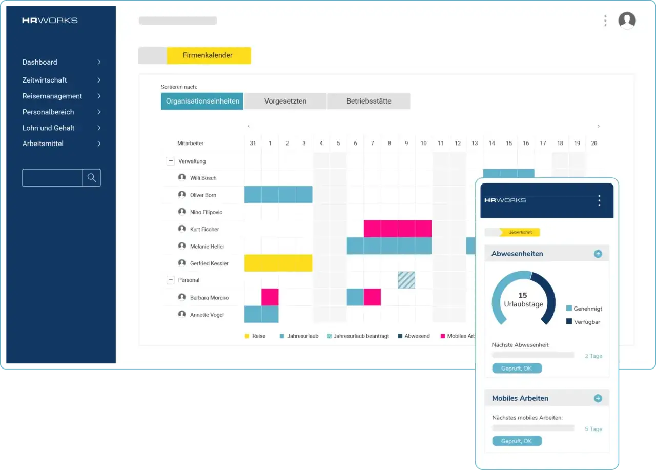 HRWORKS-Software zeigt einen Firmenkalender mit Urlaubs- und Abwesenheitsdaten. Das hris meaning wird durch die &Uuml;bersicht der Mitarbeiteraktivit&auml;ten verdeutlicht.