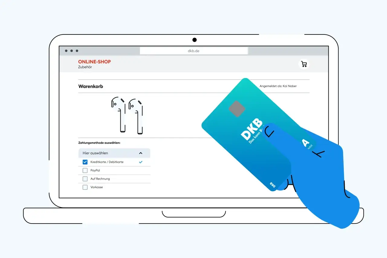 Online-Shopping mit DKB: Kopfhörer im Warenkorb, Zahlungsmethode Kreditkarte/Debitkarte ausgewählt. Gute DKB Erfahrungen beim Online-Einkauf.