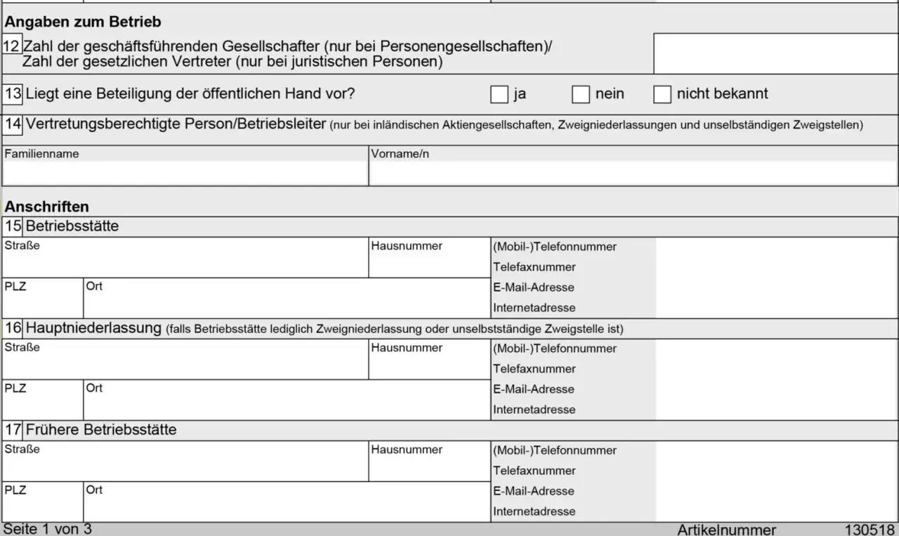 Formular zur gewerbe anmelden: Angaben zum Betrieb, Anschriften, Betriebsstätte, Hauptniederlassung, frühere Betriebsstätte.