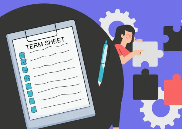 Eine Frau fügt Puzzleteile zusammen, während sie einen Vertrag erstellt. Ein Klemmbrett mit "Term Sheet" und angekreuzten Punkten liegt bereit.