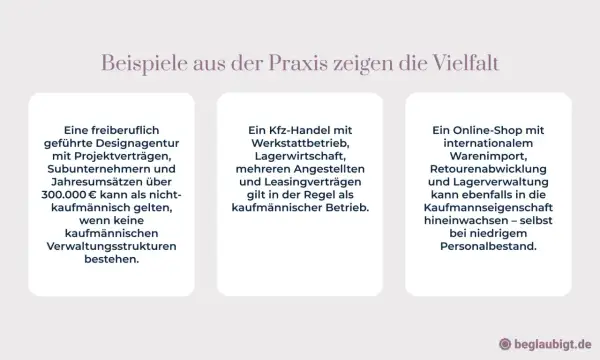 Beispiele für Einzelunternehmen: Designagentur, Kfz-Handel, Online-Shop. Die Kaufmannseigenschaft kann je nach Struktur und Umsatz relevant sein, auch ohne Eintrag im Handelsregister.