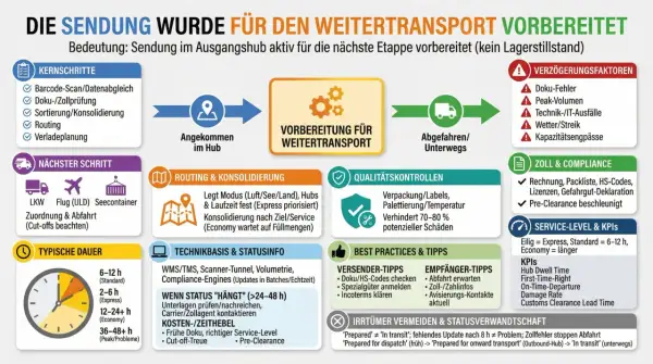Der Prozess der Sendungsvorbereitung für den Weitertransport, inklusive Kernschritte, Dauer, Zoll & Compliance, und Verzugsfaktoren. Ein wichtiger Aspekt ist der **transfer impact assessment deutsch**.