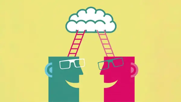Zwei Köpfe mit Leitern, die zu einer Wolke führen. Symbolisiert den Austausch von Ideen in der politischen Sprache.